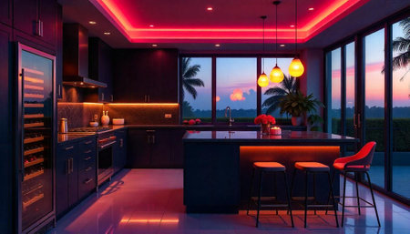 Luxurious kitchen interior with vibrant neon lighting and sunset view