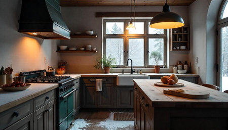 Warm kitchen interior on winter day with snowy landscape
