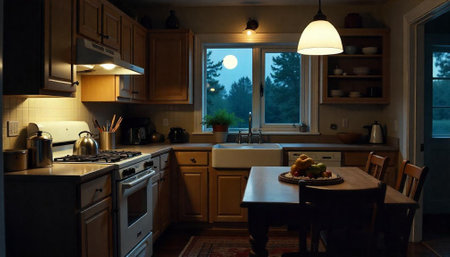 Cozy kitchen interior with warm lighting at nightの写真素材