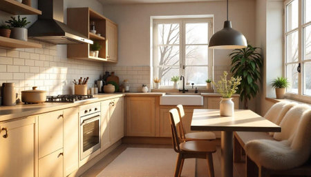 Bright and cozy kitchen interior with wooden elements
