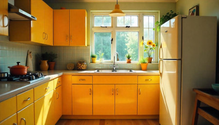 Bright Yellow Kitchen with Vintage Refrigerator and Potted Plants