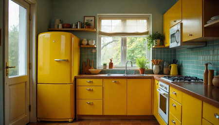 Bright yellow vintage kitchen with retro refrigerator and cabinetsの写真素材