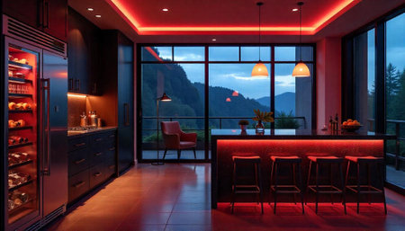 Contemporary Kitchen Design with Red Lighting and Mountain View