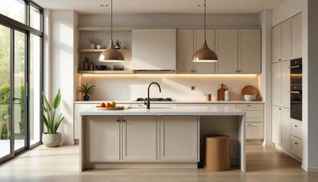 Bright modern kitchen interior with island and pendant lights