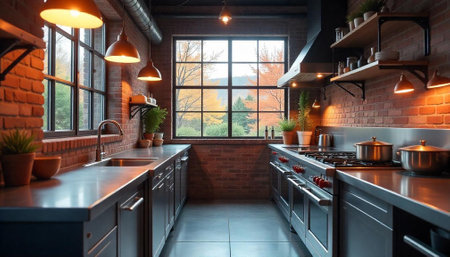 Warm and inviting kitchen with modern appliances and rustic charmの写真素材
