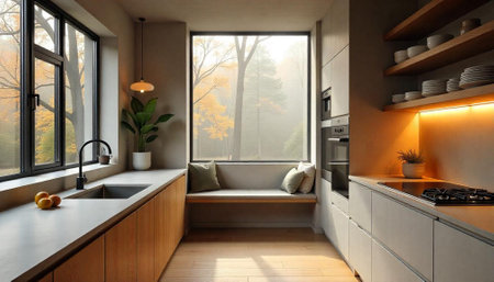 Modern kitchen interior with natural light and fall foliage