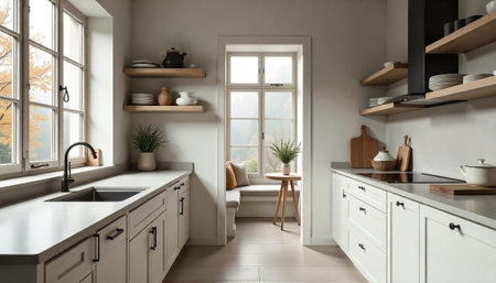 Bright modern kitchen showcasing minimalist design and natural lightの写真素材