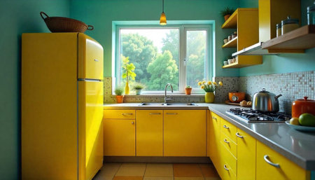 Retro style kitchen interior design with yellow cabinetsの写真素材