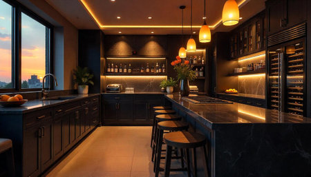 Elegant dark kitchen interior featuring warm lighting and luxury design