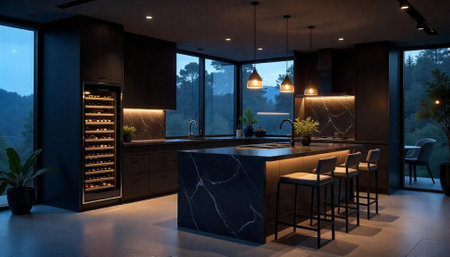 Modern kitchen interior design featuring marble island and wine rack