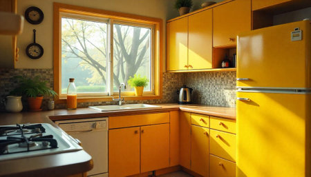 Retro yellow kitchen with window view and plantsの写真素材