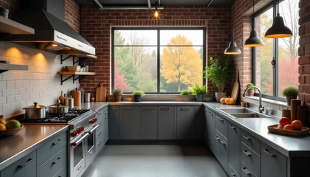 Modern industrial kitchen interior with natural light and autumn view