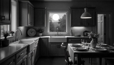 Monochromatic kitchen scene with full moon view at nightの写真素材