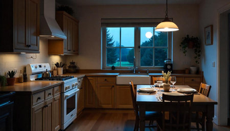 Cozy kitchen interior with a set dinner table
