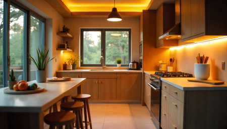 Warmly lit modern kitchen with island and outdoor view