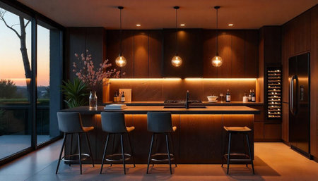 Modern kitchen island with warm lighting and bar stoolsの写真素材