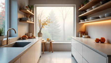 Modern Kitchen Interior with Natural Light and Minimalist Designの写真素材