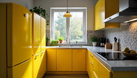 Bright yellow kitchen interior with modern minimalist design elements