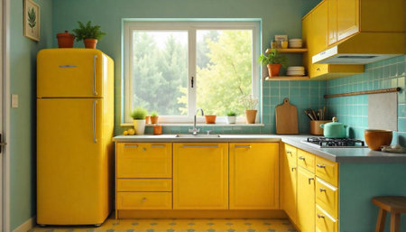 Bright retro kitchen with yellow cabinets and blue tilesの写真素材