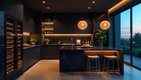 Elegant modern kitchen design with dark cabinets and lighting
