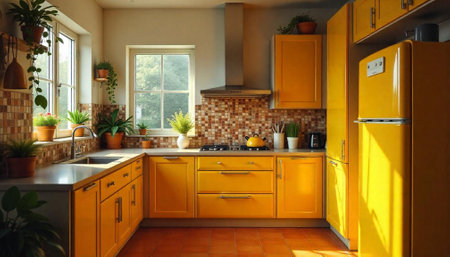 Sunny yellow kitchen design filled with plants and light