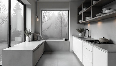 Minimalist kitchen interior with large window and winter landscape