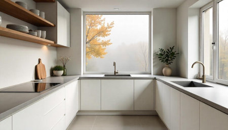 Modern kitchen interior with natural light and autumn view