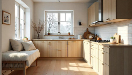Bright modern kitchen with natural wood cabinets and seating