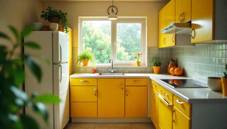 Bright yellow kitchen interior with window and natural lightの写真素材