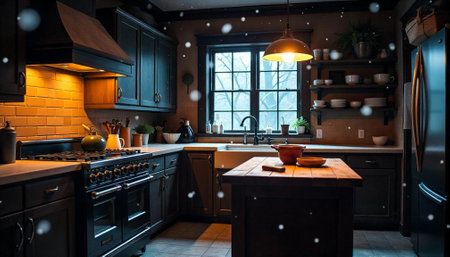 Elegant kitchen interior design featuring dark cabinets and warm lighting