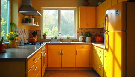 Sunny yellow kitchen interior with window view and plants