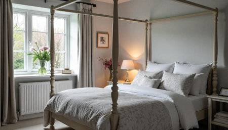 Elegant four-poster bed in a cozy bedroom settingの写真素材