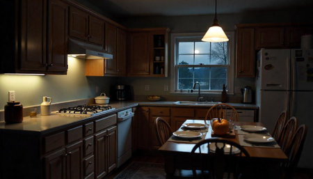 Moody kitchen at night with full moon shining through window