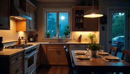 Cozy kitchen interior with dinner table ready for servingの写真素材