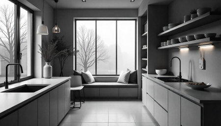 Modern monochromatic kitchen interior with window seat and minimal decorの写真素材