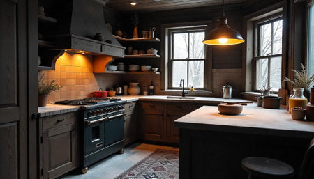 Rustic kitchen interior with warm lighting and natural texturesの写真素材