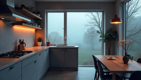 Cozy kitchen interior with modern design and nature view