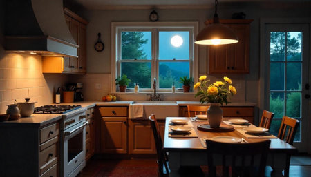 Warm country kitchen at night illuminated by full moonの写真素材