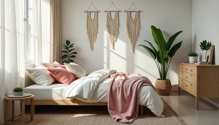 Cozy Bedroom with Macrame Wall Art and Natural Lightの写真素材