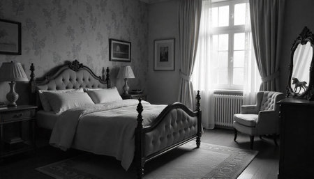 Elegant vintage bedroom with a large window, grayscale toneの写真素材
