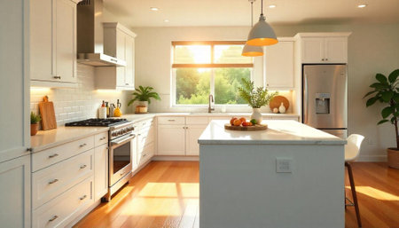 Bright modern kitchen interior with island and natural light