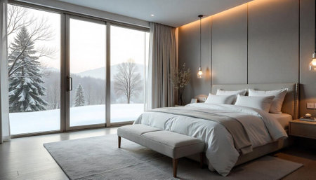 Elegant bedroom interior with snowy mountain view from windowの写真素材