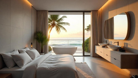 Modern coastal bedroom interior with ocean view at sunriseの写真素材