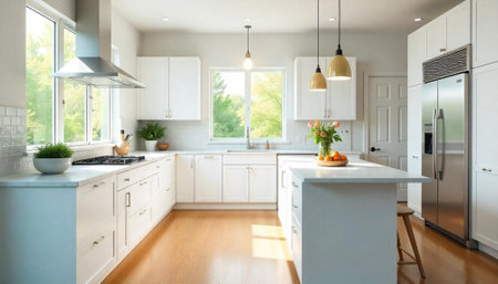 Bright modern kitchen design with white cabinets and island