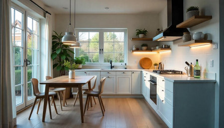 Bright and airy modern kitchen with dining spaceの写真素材