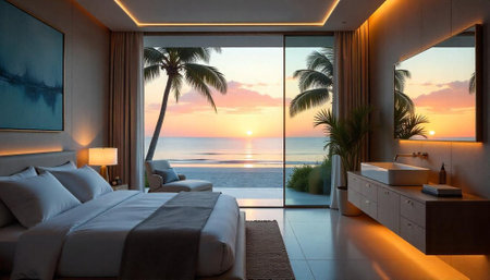 Luxury bedroom with ocean view and sunset reflectionの写真素材