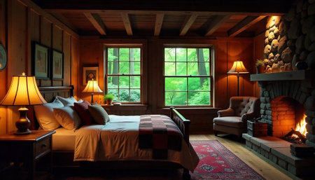 Rustic cabin bedroom with stone fireplace and nature viewsの写真素材