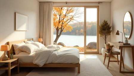 Minimalist bedroom with lake view and autumn foliage scenery