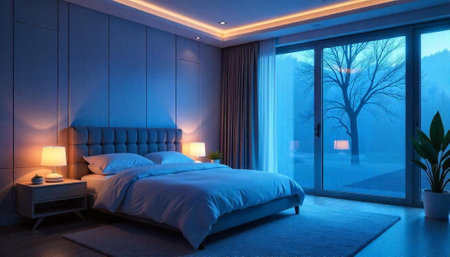 Modern bedroom with blue ambient lighting and outdoor viewの写真素材