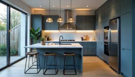 Modern kitchen design with island and pendant lighting fixtures
